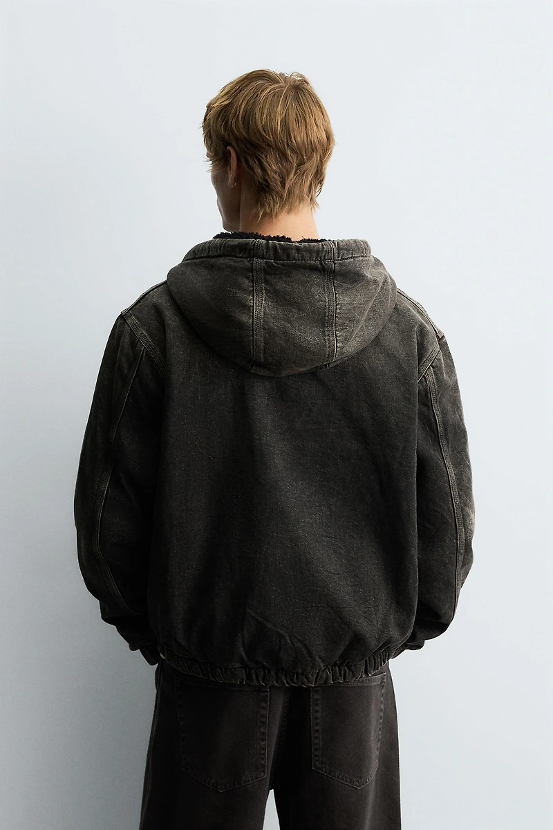 FLEECE LINED DENIM JACKET WITH HOODIE