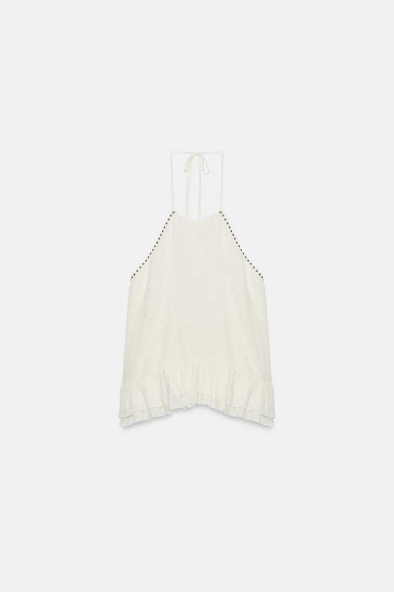 STUDDED RUFFLE HALTER TOP