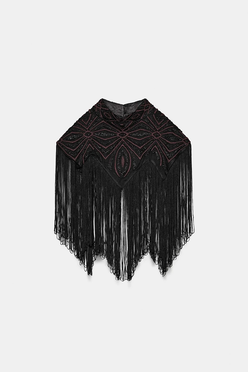 BEADED FRINGE TULLE TOP