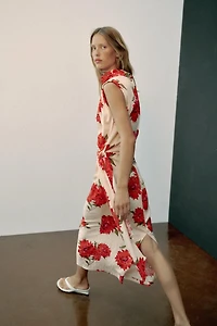 FLORAL PRINT BELTED MIDI DRESS