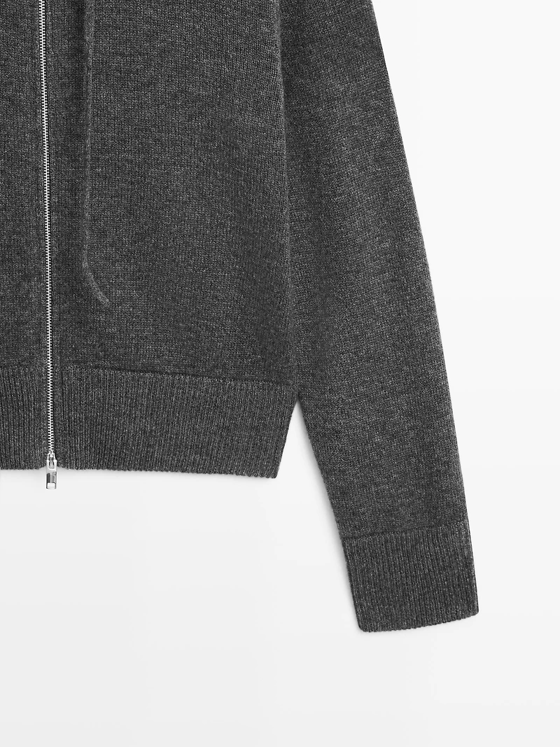 Wool blend zip-up cardigan with hood