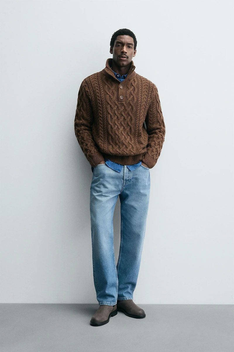 CABLE KNIT HENLEY SWEATER