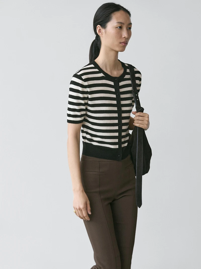 Striped short sleeve knit cardigan