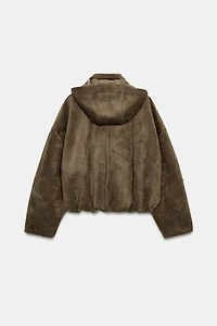 OVERSIZED FAUX SUEDE HOODED BOMBER JACKET