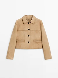 Short suede leather jacket with topstitching