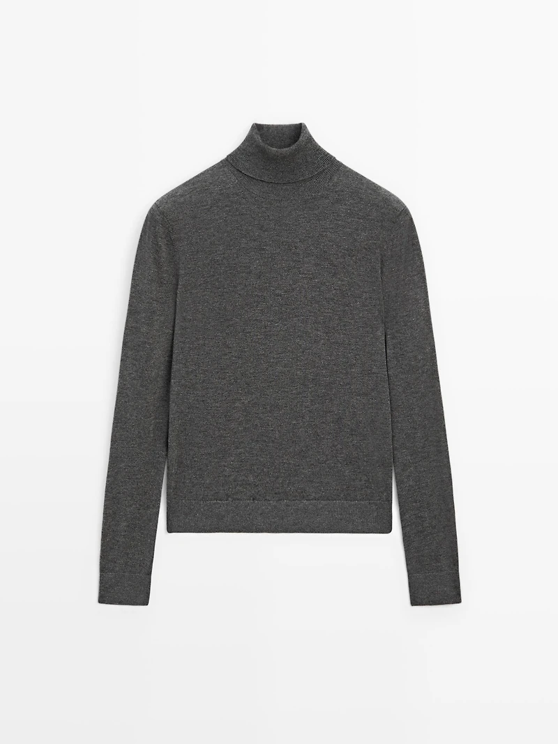 Wool blend high neck knit sweater