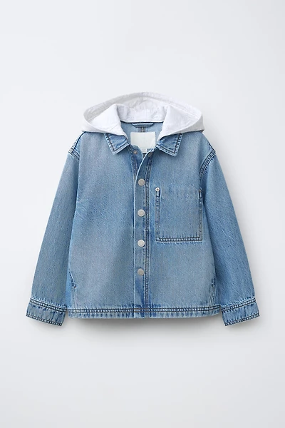 DENIM OVERSHIRT WITH REMOVABLE FLEECE HOODIE