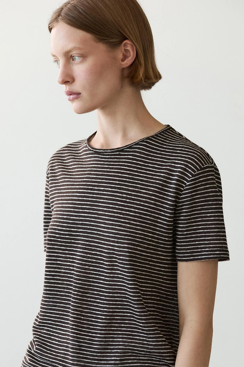100% linen regular fit striped T-shirt