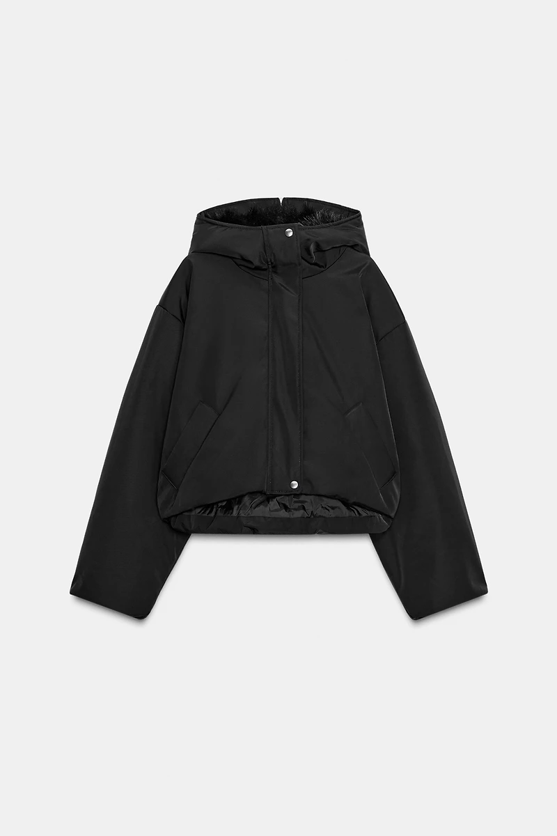 WATER REPELLENT WINDPROOF FAUX FUR HOODIE PUFFER JACKET