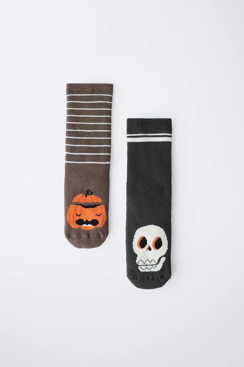 LOT DE DEUX PAIRES CHAUSSETTES ANTIDÉRAPANTES CITROUILLE ET TÊTE MORT