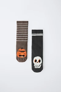 LOT DE DEUX PAIRES CHAUSSETTES ANTIDÉRAPANTES CITROUILLE ET TÊTE MORT