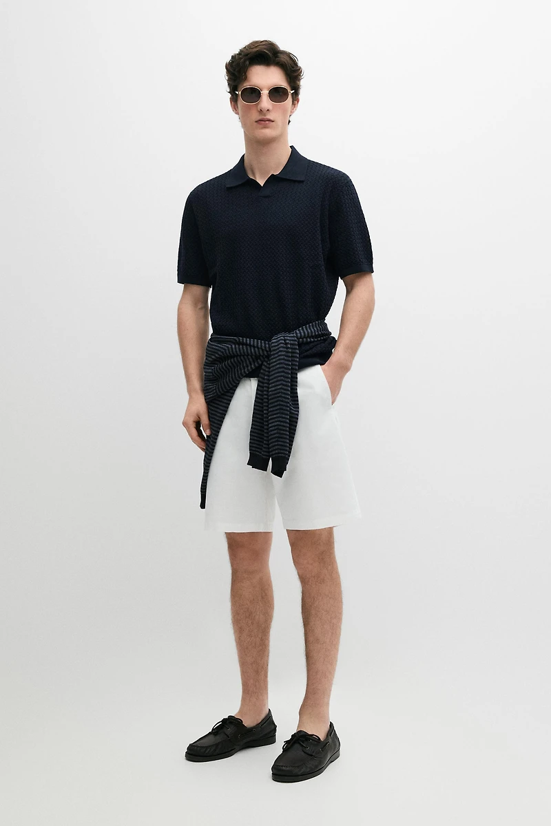 Cable-knit V-neck polo shirt