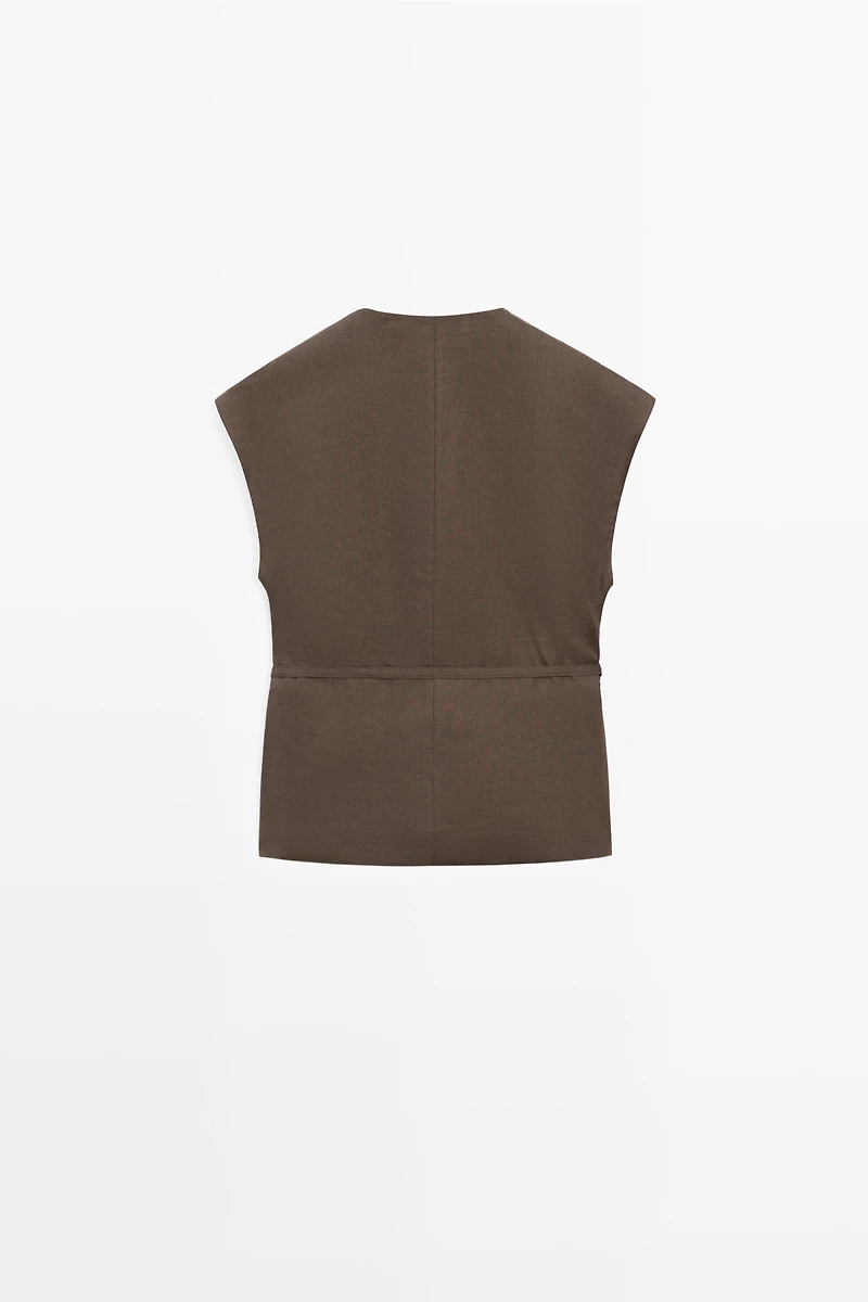 Veste sans manches cache-cœur en lin mélangé