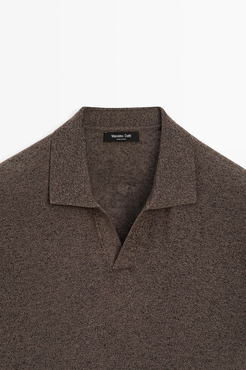 Linen blend V-neck polo shirt