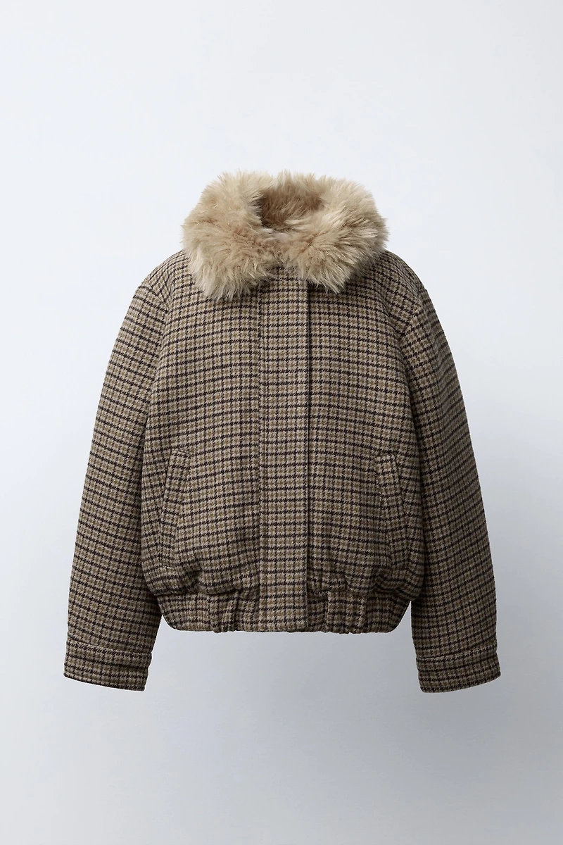 PLAID FAUX FUR COLLAR BOMBER JACKET
