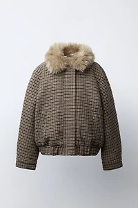 PLAID FAUX FUR COLLAR BOMBER JACKET