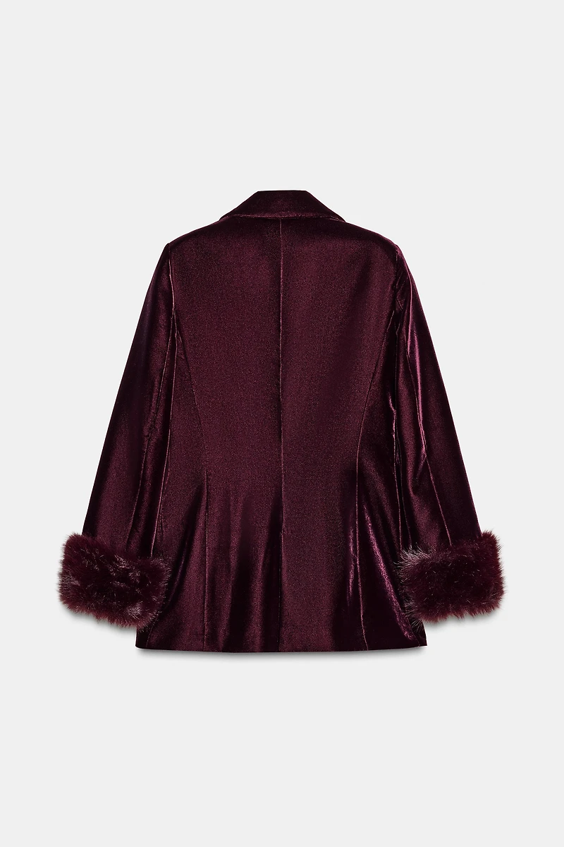 VELVET BLAZER WITH FAUX FUR CUFFS
