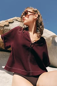 LINEN TOP WITH CONTRAST PIPING