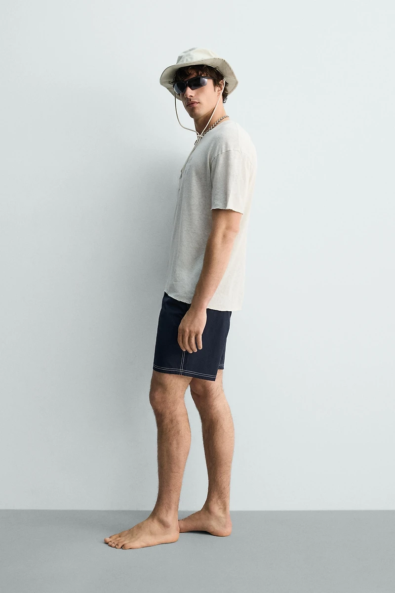 WASHED COTTON-LINEN T-SHIRT WITH TEXT