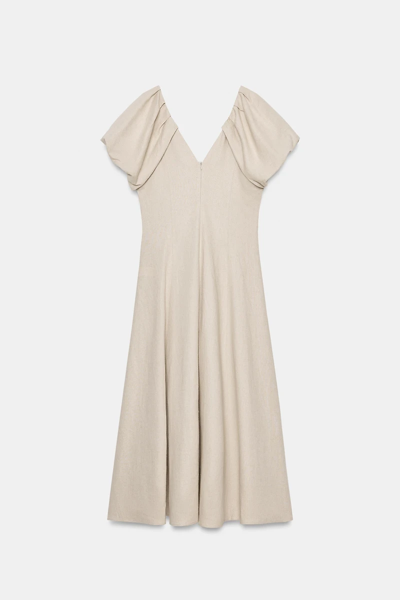LINEN BLEND PUFF SLEEVE MIDI DRESS