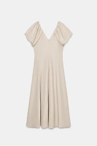LINEN BLEND PUFF SLEEVE MIDI DRESS