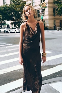 WRINKLED EFFECT SATIN MIDI DRESS