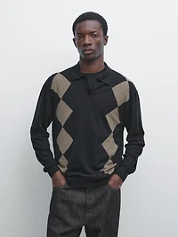 Pull polo laine en maille à losanges