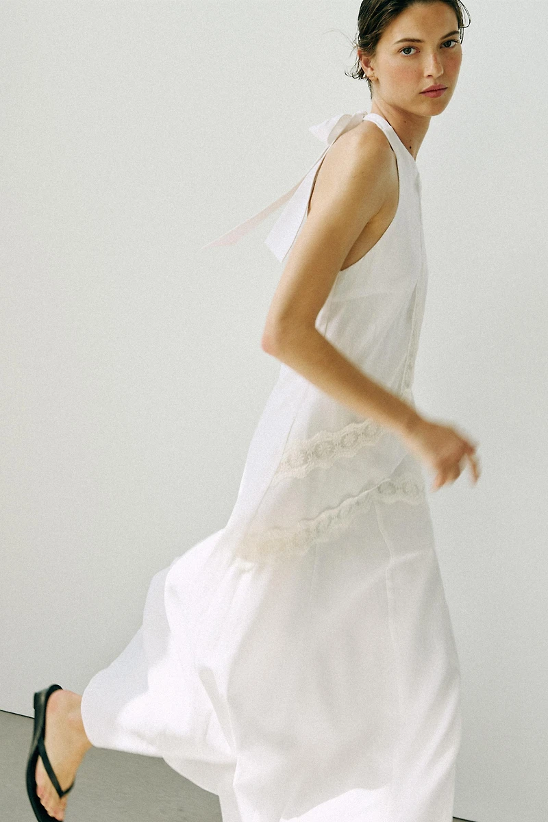 COMBINATION LINEN MIDI DRESS