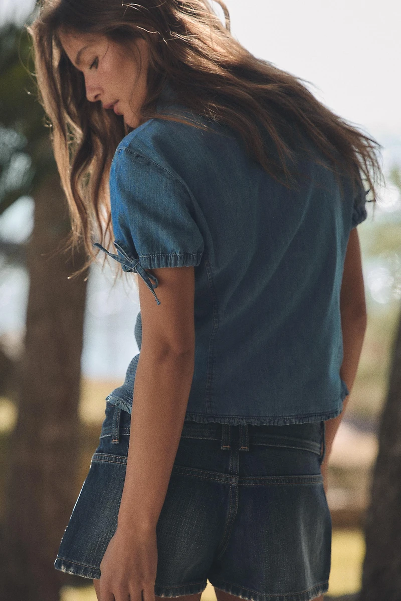 SMOCKED DENIM SHIRT