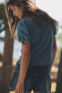 SMOCKED DENIM SHIRT