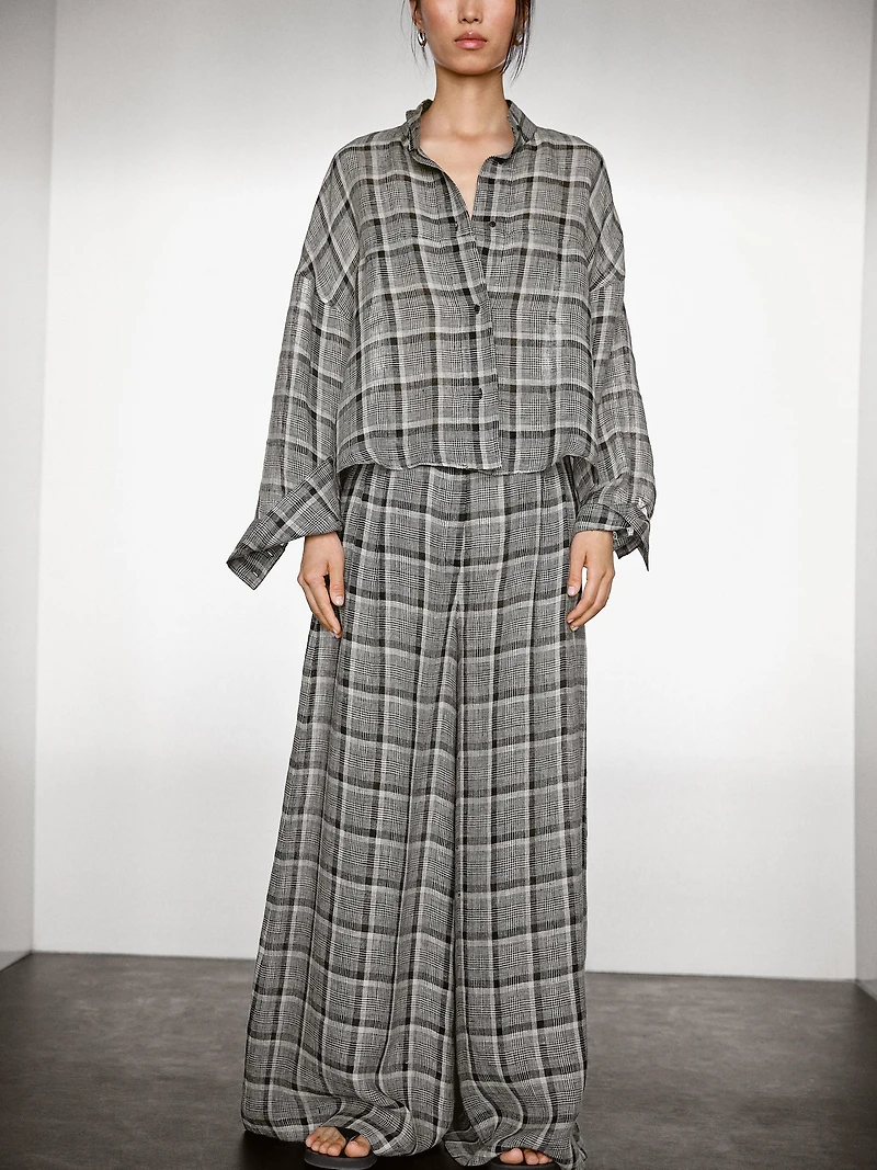 100% linen check palazzo trousers