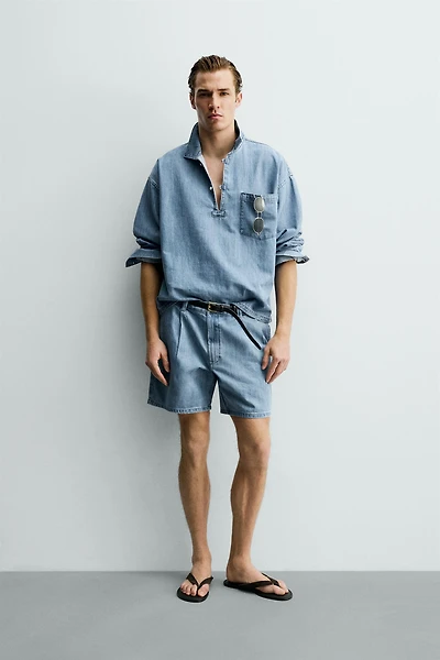 RELAXED FIT PLEATED DENIM SHORTS