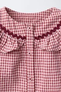 GINGHAM PETER PAN COLLAR SHIRT WITH SCALLOP TRIM