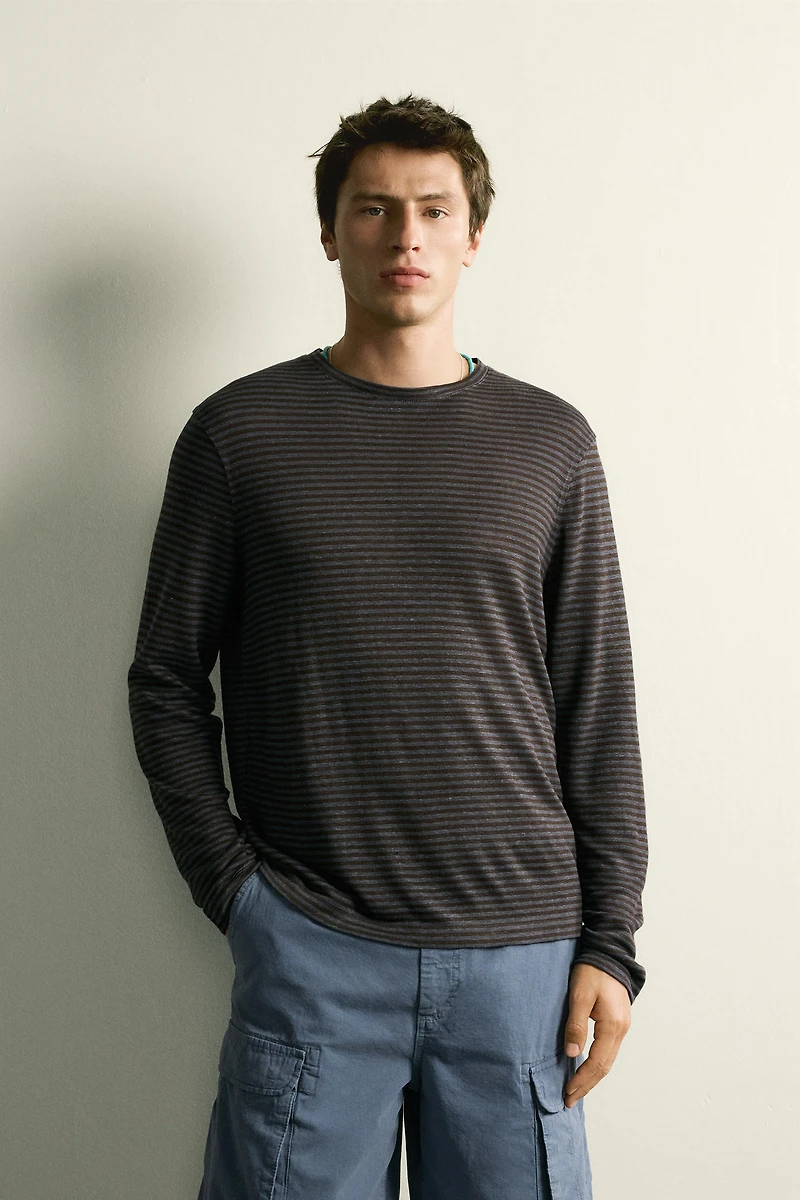 HEMP AND VISCOSE STRIPED JACQUARD T-SHIRT