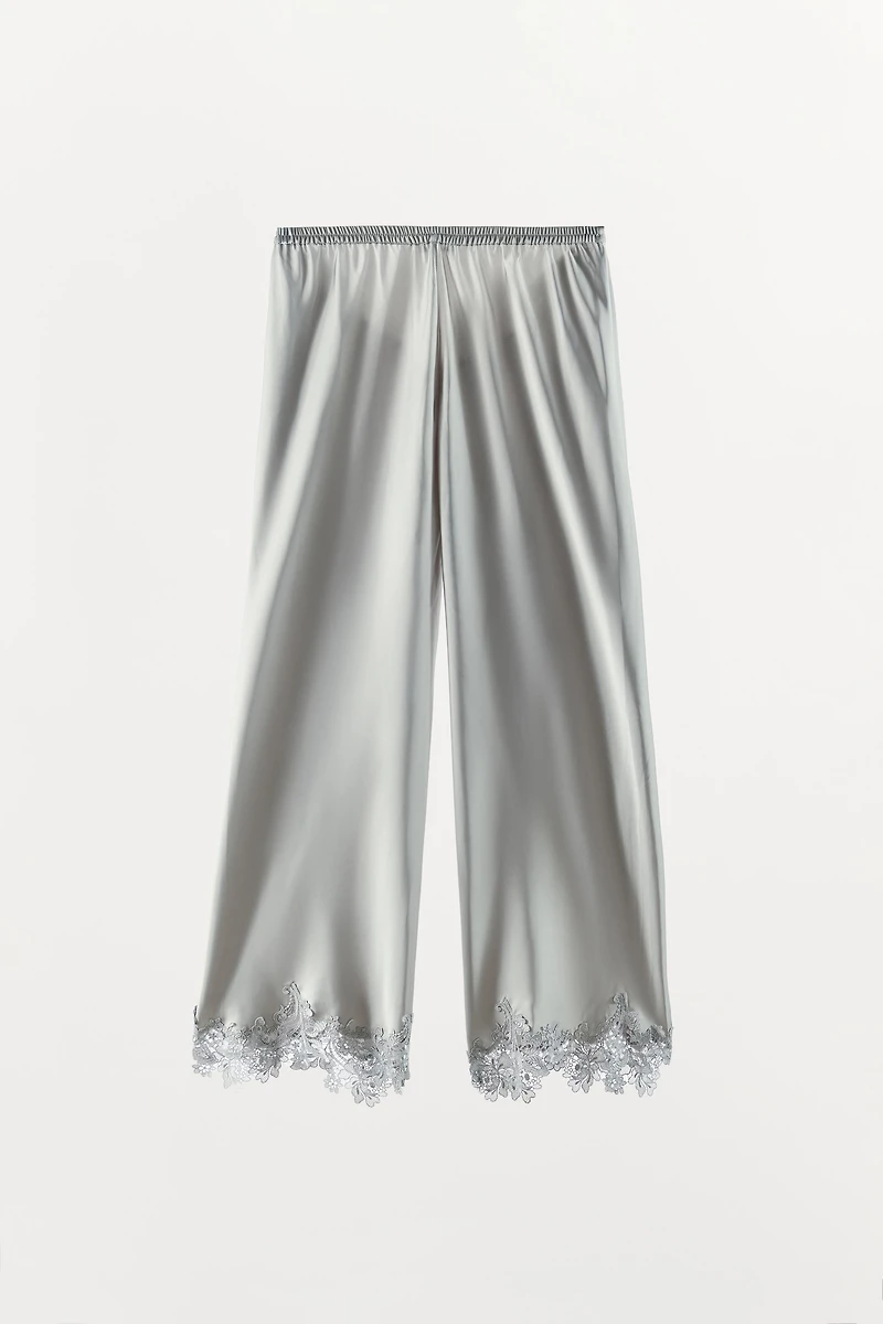 SATIN PANTS WITH LACE HEM