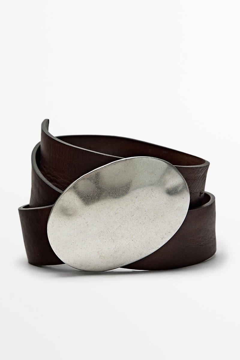 Nappa leather texture belt with oval buckle