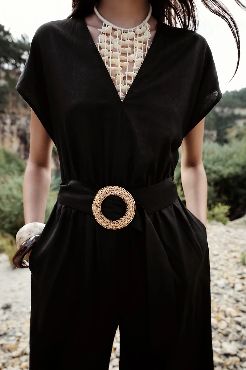 LINEN BELTED LONG JUMPSUIT