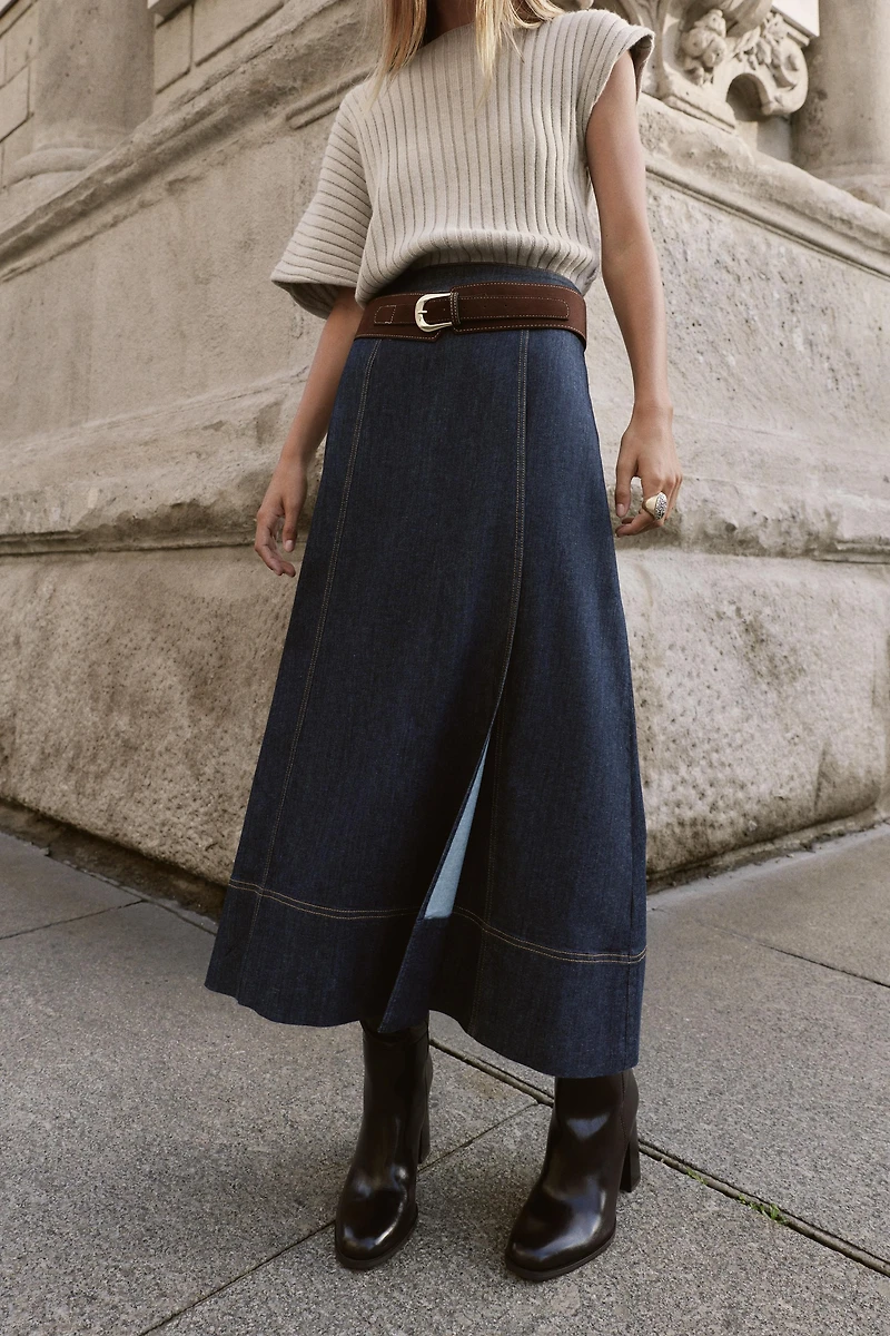 Z1975 BELTED DENIM MIDI WRAP SKIRT