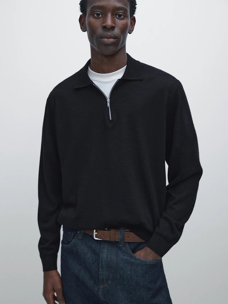 Pull polo en maille de laine mérinos