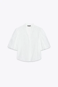 PUFF SLEEVE SHIRT WITH PERFORATED EMBROIDERY