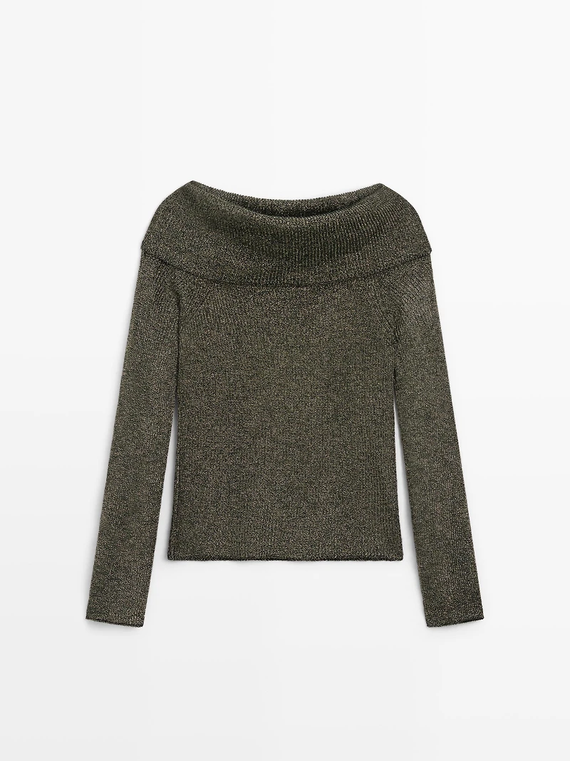 Off-the-shoulder knit sweater with metallic finish