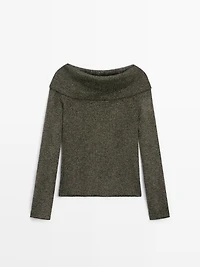Off-the-shoulder knit sweater with metallic finish