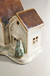 LIGHT-UP PORCELAIN HOUSE WITH PINE TREES CHRISTMAS ORNAMENT