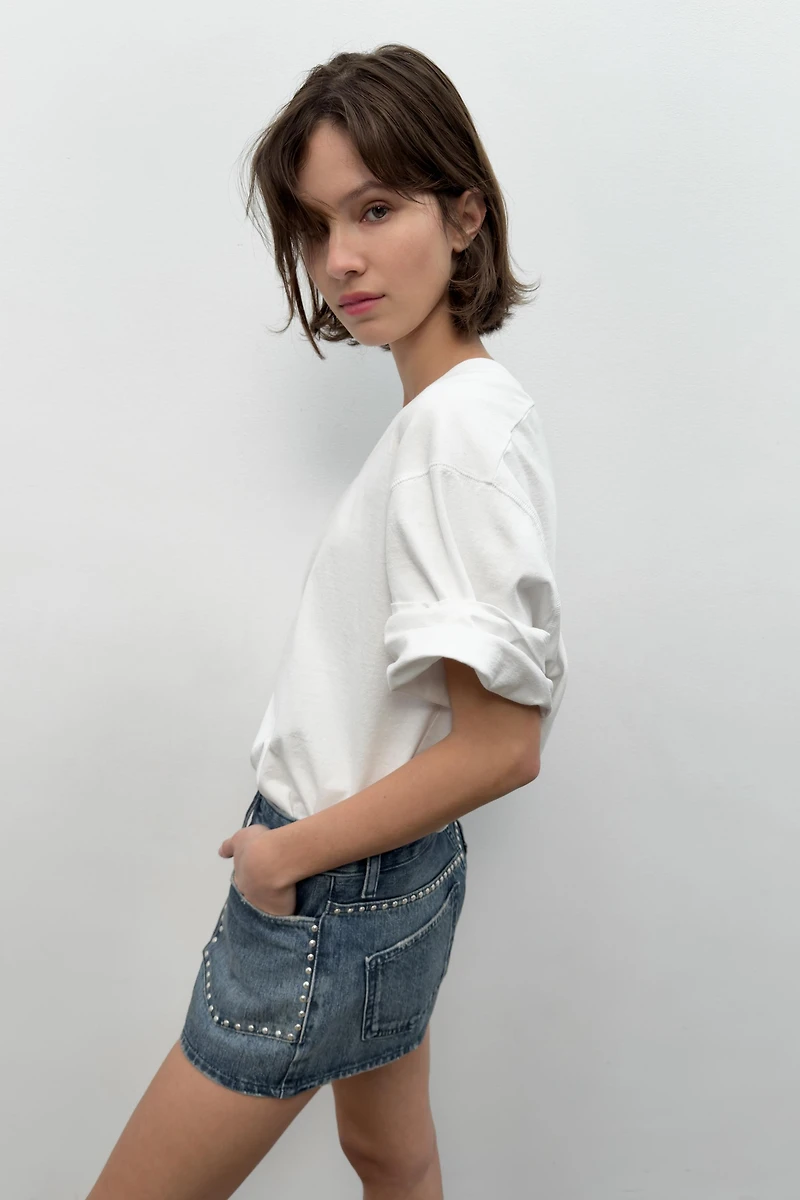 STUDDED TRF DENIM SHORTS