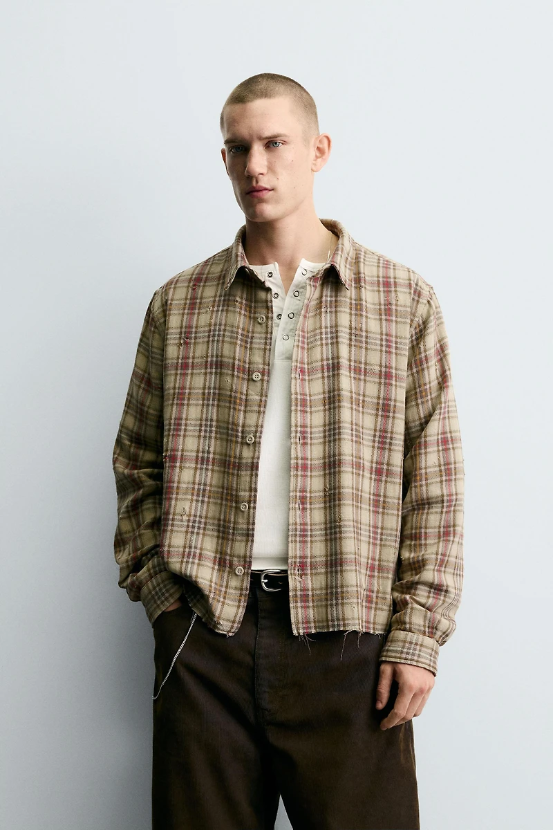 PLAID SHIRT WITH DISTRESSED EFFECTS