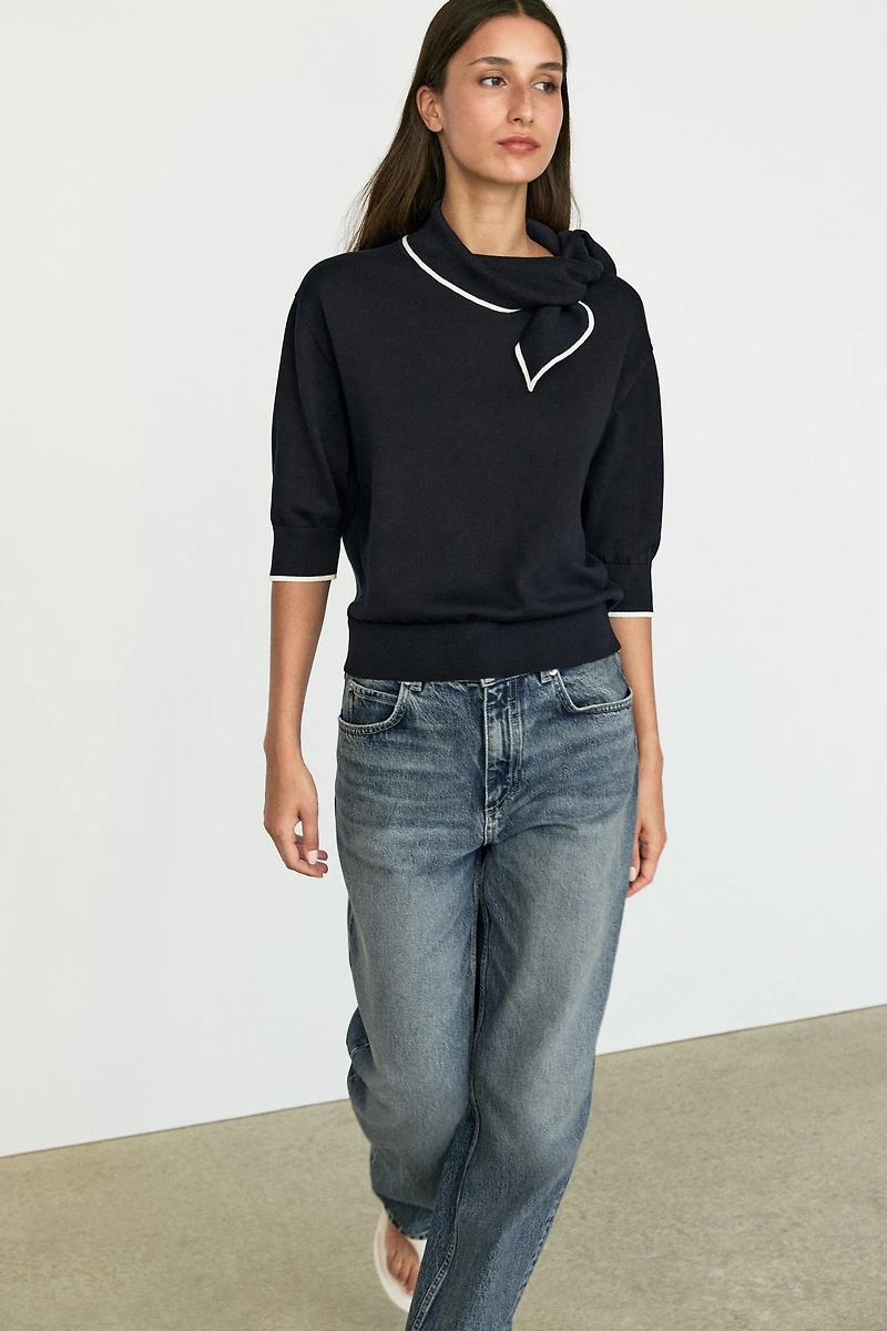 100% cotton knit sweater with scarf detail