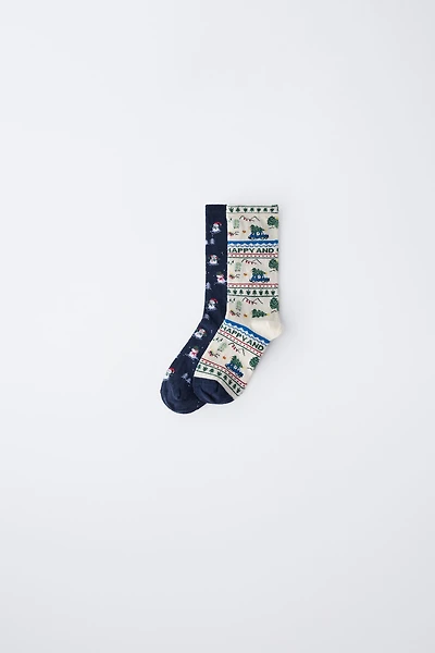 LOT DE DEUX PAIRES CHAUSSETTES AVEC ARBRES ET BONHOMME NEIGE