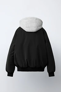 RUBBERIZED BOMBER JACKET WITH REMOVABLE FLEECE HOODIE
