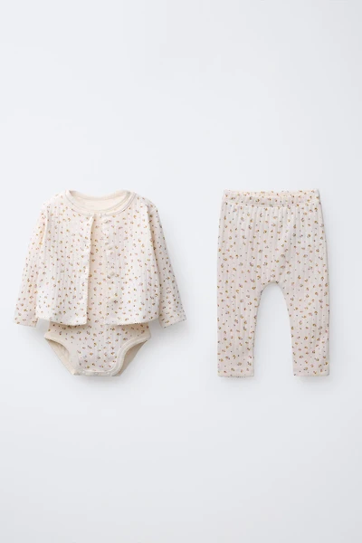 FLORAL PRINT CARDIGAN, BODYSUIT & LEGGING SET