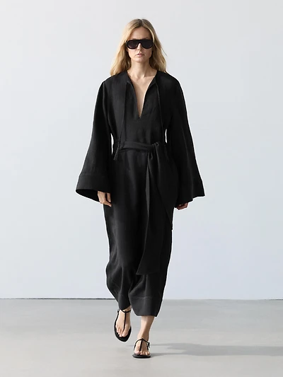 100% linen midi dress with tie detail